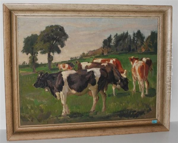 Kuhe Auf Der Weide Oil Painting by Ernst Hodel the Younger