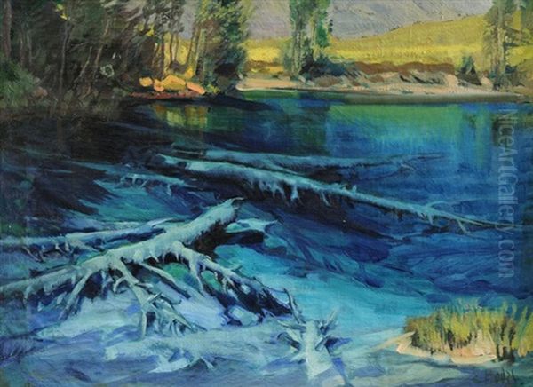 Der Blausee Bei Kandersteg Oil Painting by Ernst Hodel the Younger