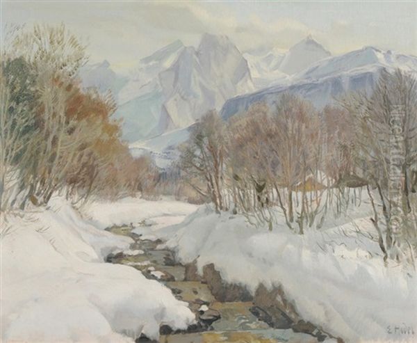 Winterlandschaft Mit Bach Oil Painting by Ernst Hodel the Younger