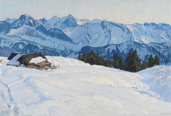 Tief Verschneite Gebirgslandschaft Mit Alphutten In Abendsonne Oil Painting by Ernst Hodel the Younger