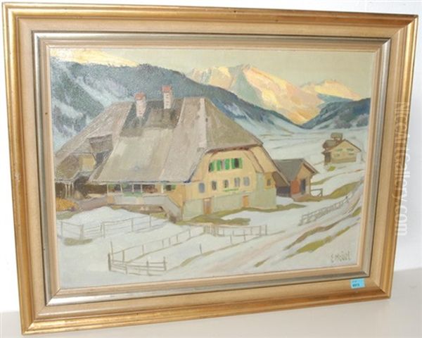 Berner Bauerngehoft Im Winter Oil Painting by Ernst Hodel the Younger
