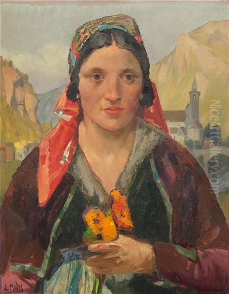 Portrat Einer Jungen Walliserin Oil Painting by Ernst Hodel the Younger