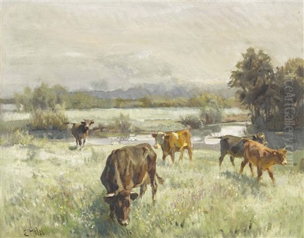 Weidende Kuhherde Oil Painting by Ernst Hodel the Younger
