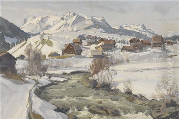 Verschneite Berglandschaft Mit Einem Bach Oil Painting by Ernst Hodel the Younger