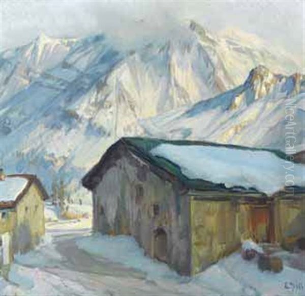 Engadiner Hauser Im Schnee Oil Painting by Ernst Hodel the Younger