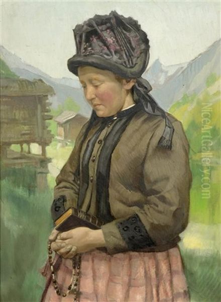 Frau In Wallisertracht Mit Einem Bergdorf Im Hintergrund Oil Painting by Ernst Hodel the Younger