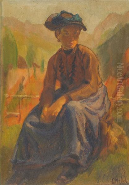 Sitzende Walliser Trachtenfrau Vor Bergkulisse Oil Painting by Ernst Hodel the Younger