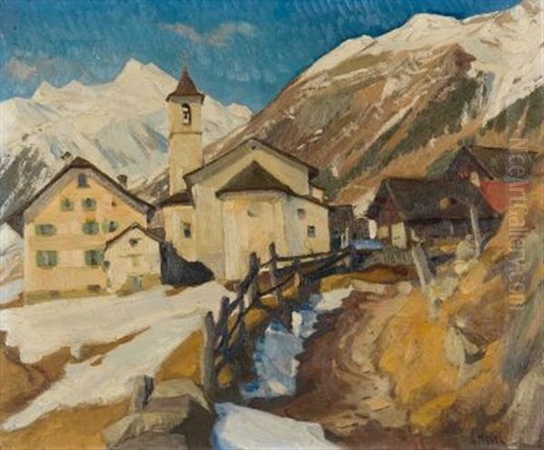 Dorf In Den Schweizer Bergen Oil Painting by Ernst Hodel the Younger