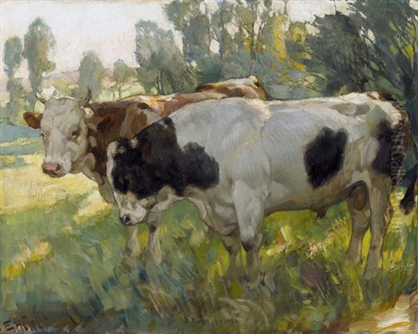 Weidende Rinder Oil Painting by Ernst Hodel the Younger