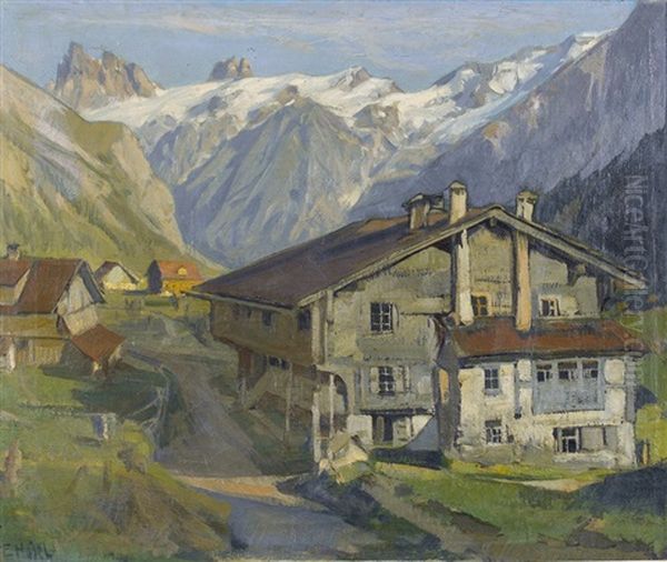 Sommerliches Gebirge Mit Dorf Oil Painting by Ernst Hodel the Younger