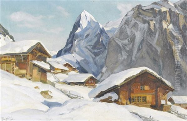 Das Wetterhorn Im Winter Oil Painting by Ernst Hodel the Younger