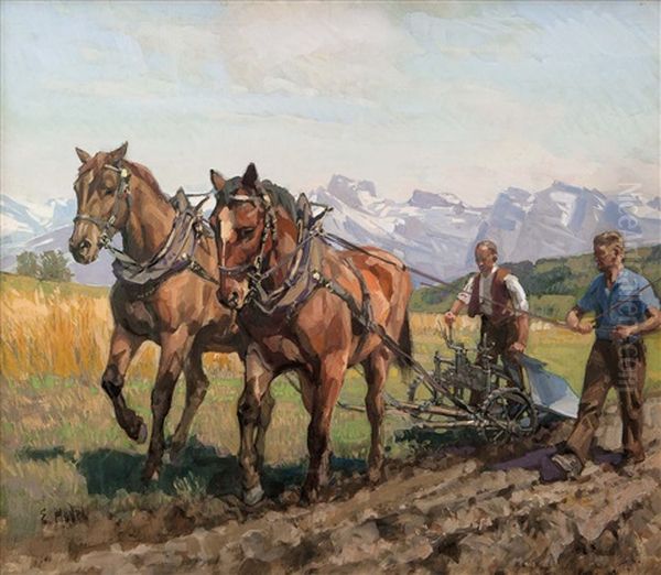 Zwei Bauern Mit Pferdepflug Oil Painting by Ernst Hodel the Younger