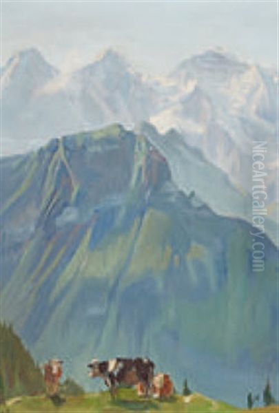 Gebirgslandschaft Mit Weidenden Kuhen Oil Painting by Ernst Hodel the Younger