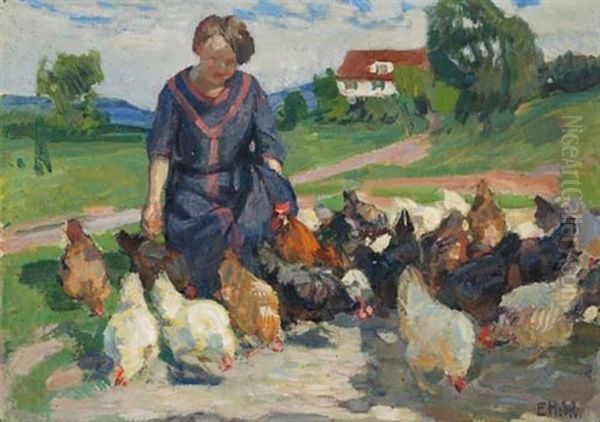 Bauerin, Huhner Futternd Oil Painting by Ernst Hodel the Younger
