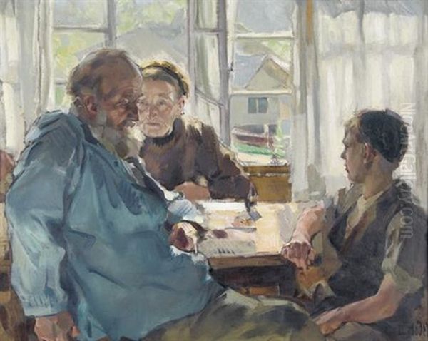 Stubeninterieur Mit Grosseltern Und Enkel Oil Painting by Ernst Hodel the Younger