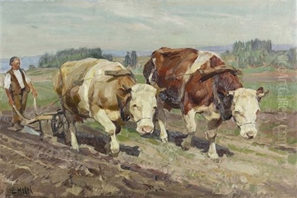 Pflugender Bauer Auf Einem Acker Oil Painting by Ernst Hodel the Younger