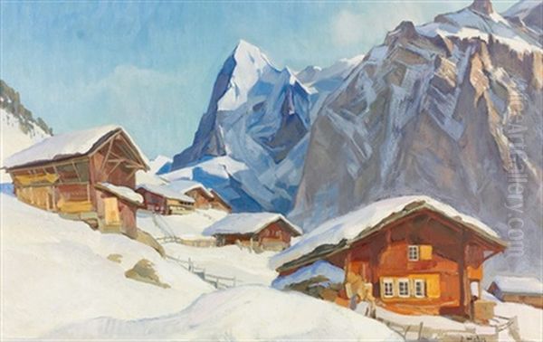 Winterliche Dorfpartie Im Berner Oberland Oil Painting by Ernst Hodel the Younger