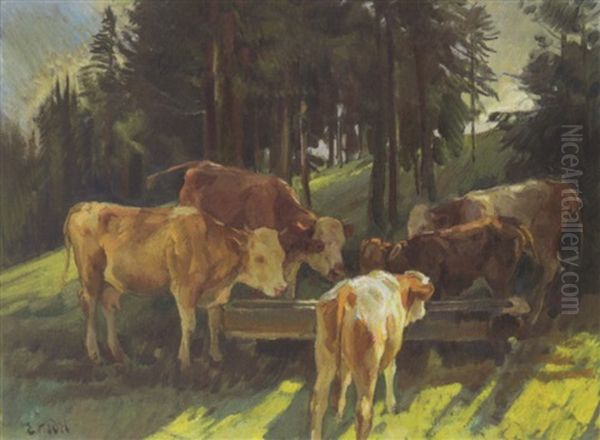 Kuhe An Der Tranke Oil Painting by Ernst Hodel the Younger