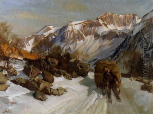 Heufahrt Im Winter Oil Painting by Ernst Hodel the Younger
