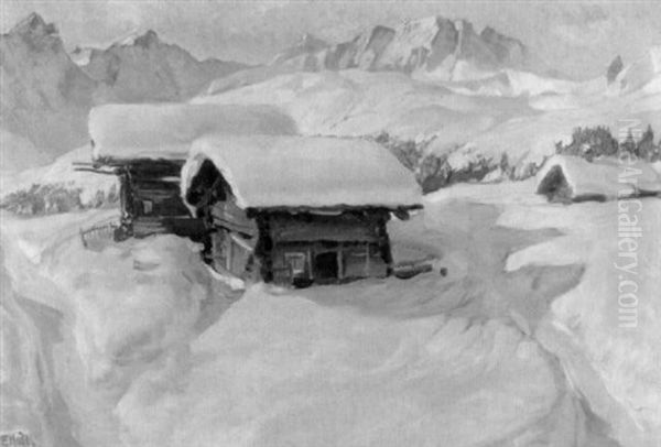 Verschneite Berghutten Im Sonnenschein Oil Painting by Ernst Hodel the Younger