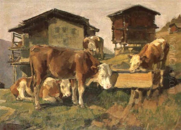 Kuhe An Der Tranke Oil Painting by Ernst Hodel the Younger