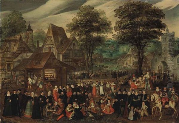 A Village Festival With Elegantly Dressed Figures In Procession, A River And Tower Beyond Oil Painting by Joris (George) Hoefnagel