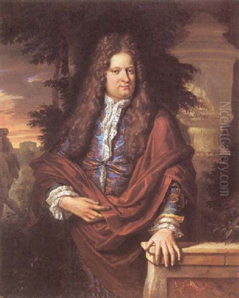 Portrait Of A Gentleman In A Blue Coat And A Maroon Cloak, His Hand Upon A Marble Balistrade Oil Painting by Gerard Hoet the Elder