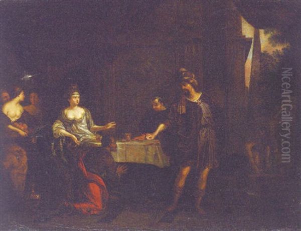 A Courtier Before A Queen In An Interior Oil Painting by Gerard Hoet the Elder
