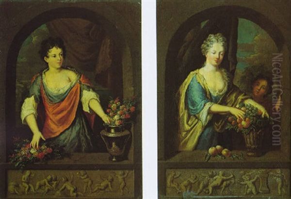 Une Dame Arrangeant Des Fleurs A Sa Fenetre, Le Balcon Orne D'une Frise Antique Oil Painting by Gerard Hoet