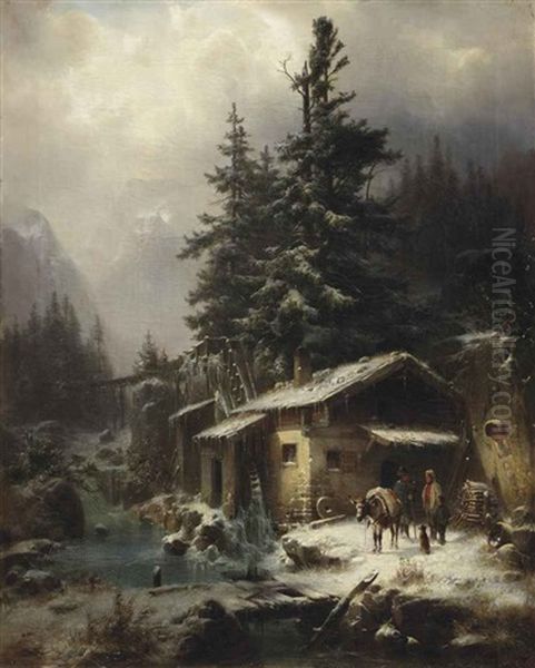 A Winter Landscape With Figures Resting Near A Water Mill Oil Painting by Heinrich Hofer
