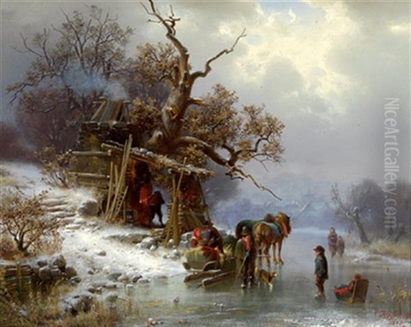 Pferdeschlitten Und Spaziergeher Auf Dem Eis Oil Painting by Heinrich Hofer