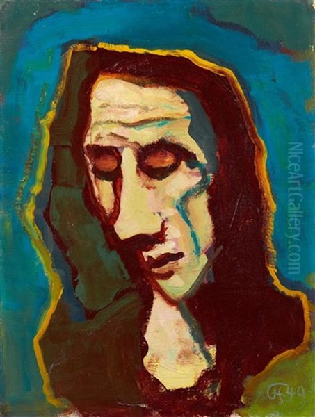 Frauenkopf Mit Gesenktem Blick Oil Painting by Karl Hofer