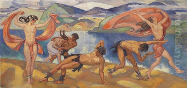 Tanzende In Weiter Landschaft Oil Painting by Ludwig Von Hofmann