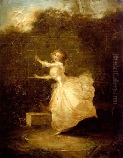 A Young Girl With A Garland Of Flowers (+ A Young Girl With Teathered Doves; Pair) Oil Painting by Claude Jean Baptiste Hoin