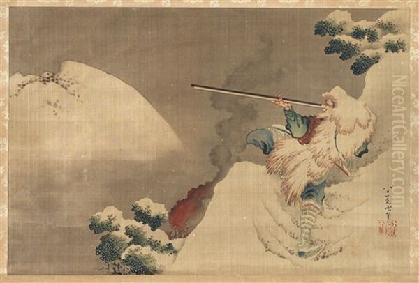 Depicting A Man With Rifle In A Snowy Mountain Landscape Oil Painting by Katsushika Hokusai