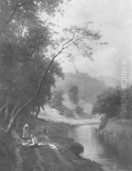 Children On A River Bank Oil Painting by Edward Henry Holder