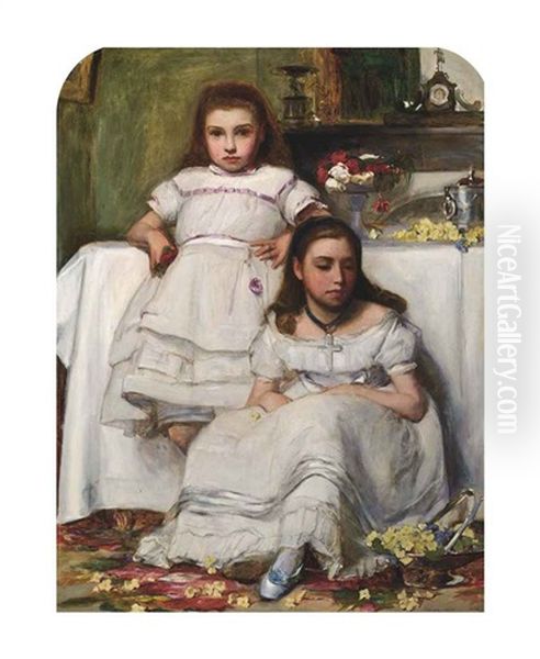 Portrait Of Two Girls, Dressed In White Oil Painting by Francis Montague (Frank) Holl
