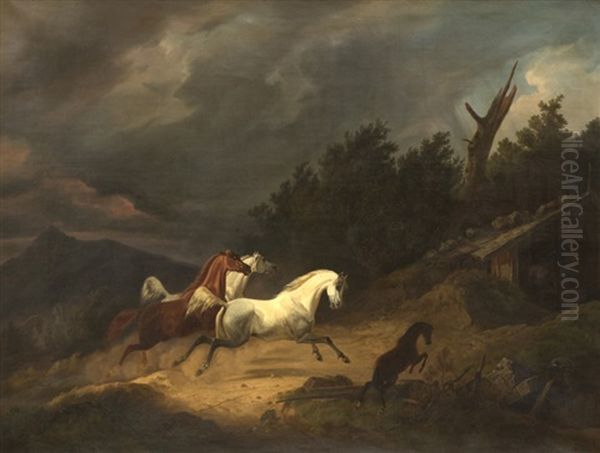 Horses In A Storm Oil Painting by Christian Frederick Carl Holm