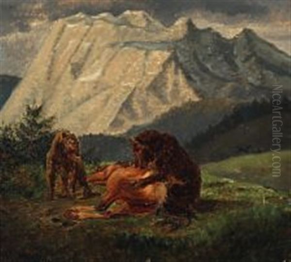 Mountain Landscape With Bears At A Prey Oil Painting by Christian Frederik Holm