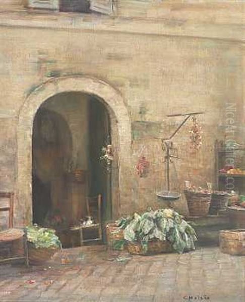 Italiensk Gadeparti Med Gronsagsbod Ved Portalformet Dorabning Oil Painting by Carl Vilhelm Holsoe