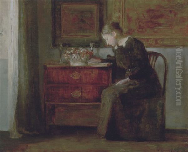 Interior Med Kunstnerens Hustru Laesende I En Bog Ved Vinduet Oil Painting by Carl Vilhelm Holsoe