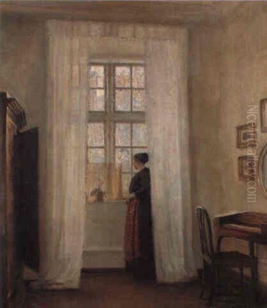 Interior Med Ung Pige Ved Vinduet Oil Painting by Carl Vilhelm Holsoe