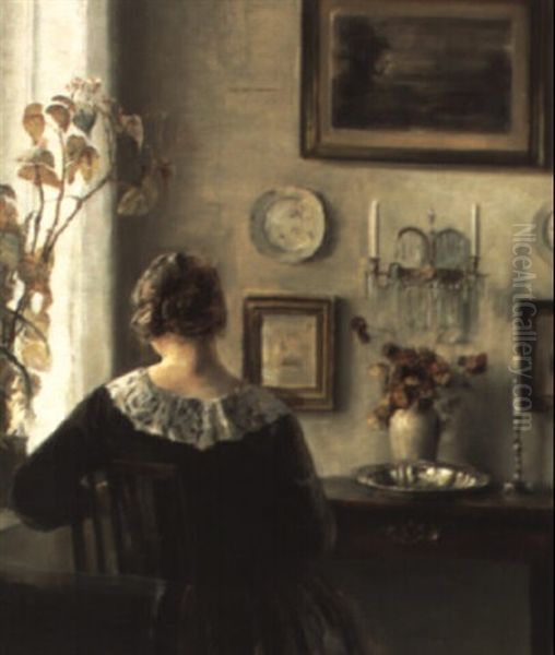 Interior Med Kvinde Siddende Ved Et Bord Oil Painting by Carl Vilhelm Holsoe