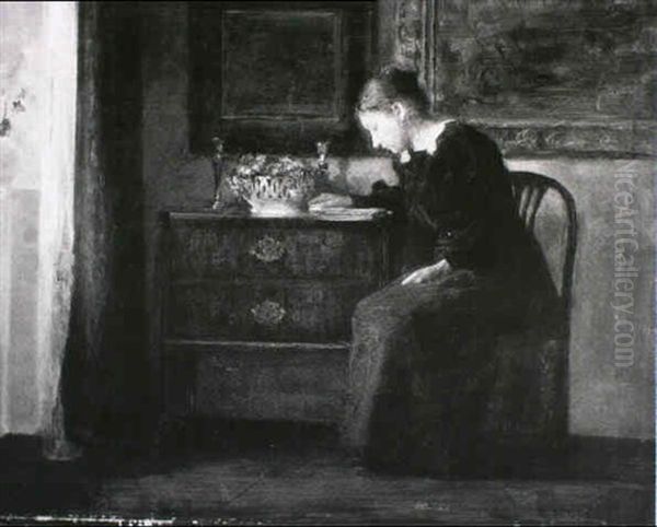 Interior Med Ung Pige Der Laeser I En Bog Oil Painting by Carl Vilhelm Holsoe