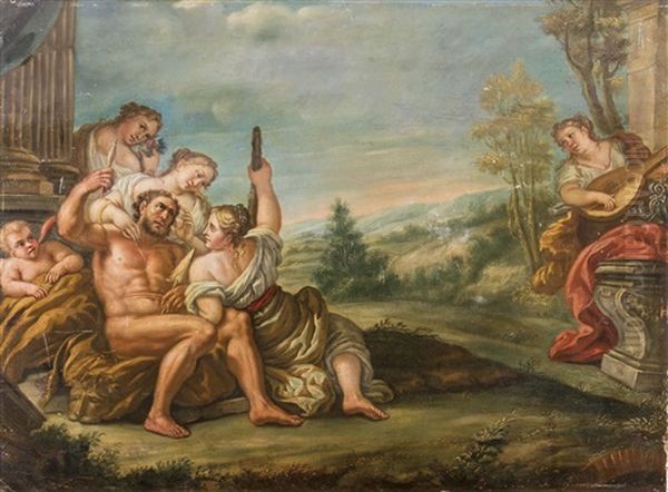 Herkules Sitzend Auf Lowenfell Bei Konigin Omphale In Landschaft Oil Painting by Cornelis Holsteyn