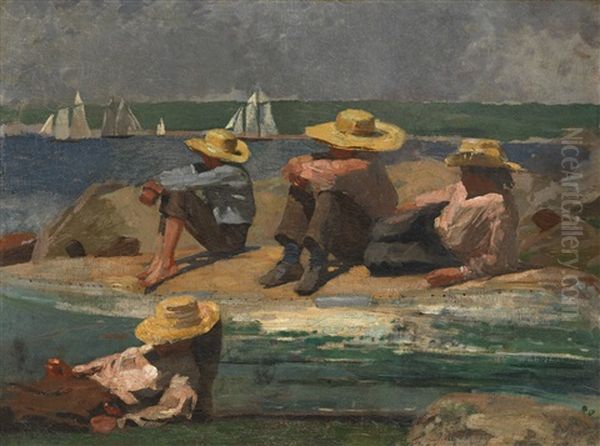 Children On The Beach (watching The Tide Go Out; Watching The Boats) Oil Painting by Winslow Homer