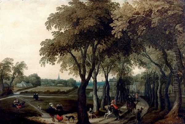 Paysage Anime Avec Cavaliers Sortant D'un Chateau Oil Painting by Gillis Claesz De Hondecoeter