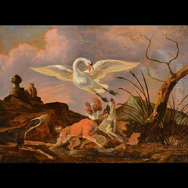 Dogs And Swans Oil Painting by Abraham Danielsz Hondius