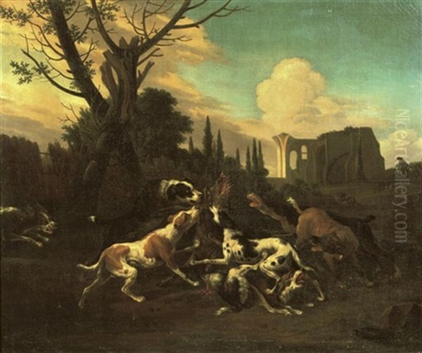 Hounds Attacking A Boar In A Wooded Landscape Oil Painting by Abraham Danielsz Hondius