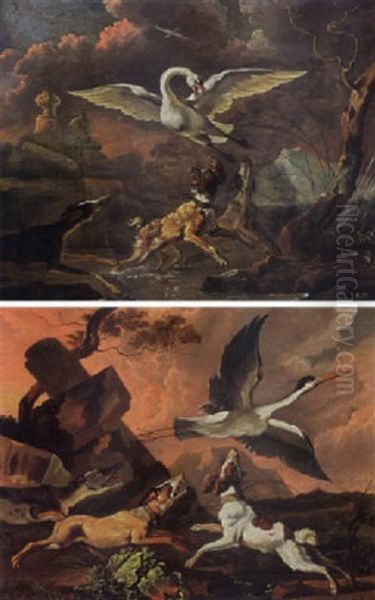 A Swan Being Chased From Her Nest By Three Hounds, In An Evening Landscape Oil Painting by Abraham Danielsz. Hondius